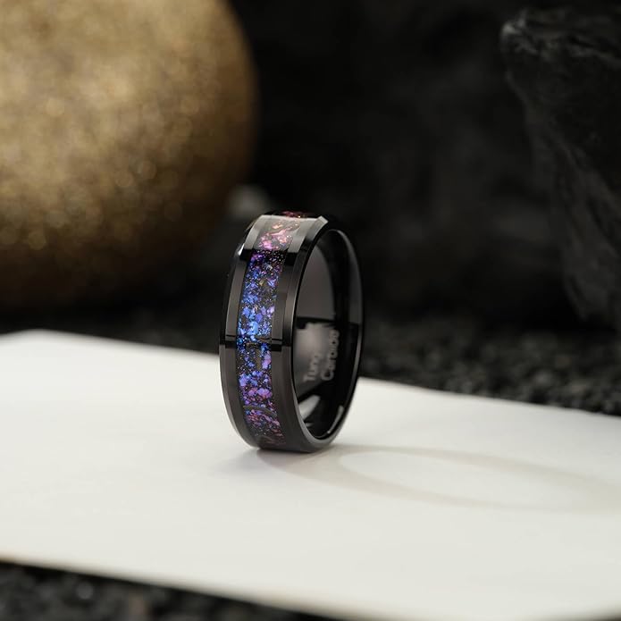 Men's 8mm Black/Gold Tungsten Carbide Wedding Ring Nebula Galaxy Wedding Promise Gold Foil Inlay Real Meteorite Matte Bevel Comfort Fit