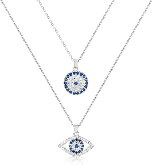 Evil Eye Necklace Layered Necklaces for Women, 2Pcs 18K Gold Plated Dainty Evil Eye Choker Pendant Necklace Handmade Evil Eye Jewelry Protection Gifts