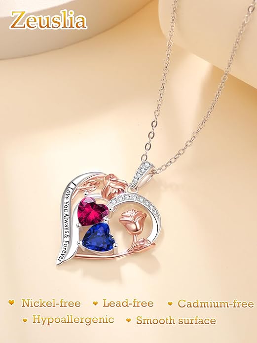 Zeuslia Double Birthstone Necklace Gifts for Wife - 925 Sterling Silver Sunflower/Rose/Crown Cross/Compass/Heart Pendant I Love You Necklace, Anniversary Birthday Gifts for Wife Girlfriend Mom Her