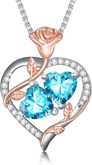 Christmas Gifts for Women Rose Heart Birthstone Pendant Necklace I Love You Forever Jewelry Valentine Mothers Day Birthday Gifts for Women Her Wife Girlfriend