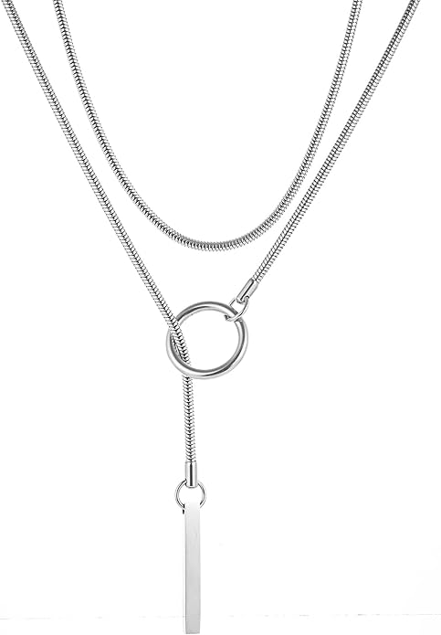 Slip Chain Necklaces for Women Stainless Steel Bar Pendant Choker Necklace Boho Handmade Long Lariat Necklace Silver Statement Punk Rock Collar Jewelry