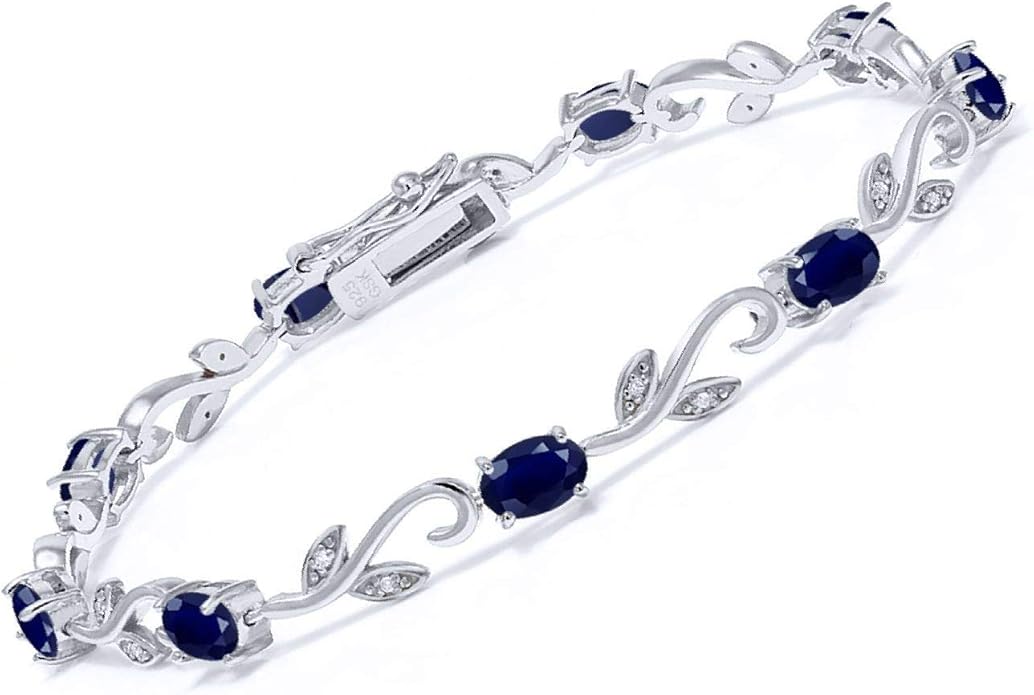 Gem Stone King 925 Sterling Silver Blue Sapphire and White Diamond Oval Tennis Bracelet | Greek Vine Bracelet for Women | 5.12 Cttw | Oval 6X4MM | Gemstone Birthstone | 7 Inch