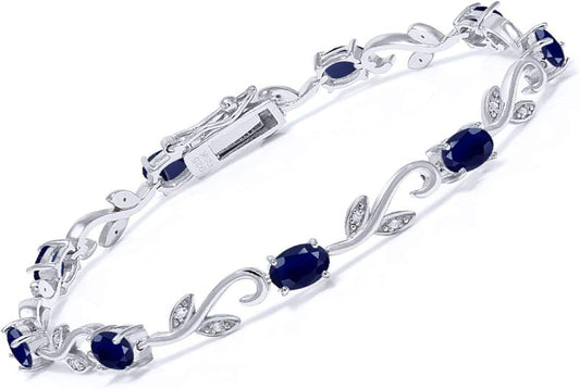 Gem Stone King 925 Sterling Silver Blue Sapphire and White Diamond Oval Tennis Bracelet | Greek Vine Bracelet for Women | 5.12 Cttw | Oval 6X4MM | Gemstone Birthstone | 7 Inch