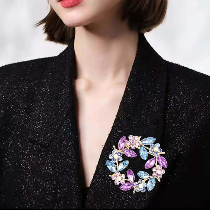 Nyx&lvy Vintage Crystal Flower Brooch Set, 3 Pieces, Purple Pink Green Rhinestones, Gold Tone Floral Pins for Wedding and Evening Wear Christmas gift