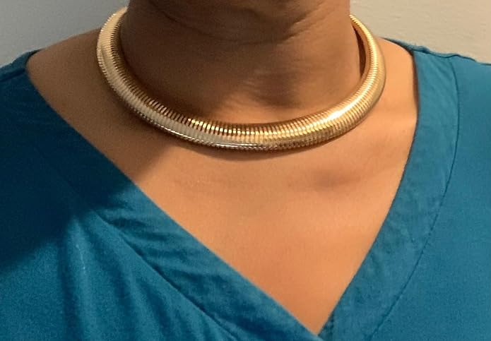 Chunky Stainless Steel Choker Necklace For Women, Gold Striped Flat Snake African Collar Exaggerated Necklace with Adjustable Chain Choker Jewelry for Women