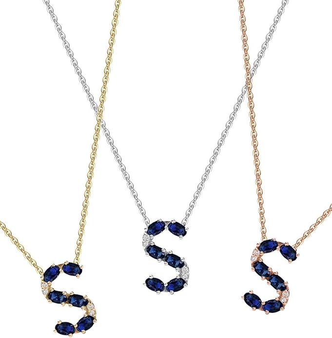 Albert Hern Blue Sapphire Initial Necklace With Diamonds & 18K Gold Chain | Irresistible Letter Pendants Jewelry | Perfect Valentine’s Day, Anniversary & Birthday Gift