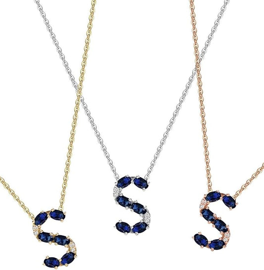 Albert Hern Blue Sapphire Initial Necklace With Diamonds & 18K Gold Chain | Irresistible Letter Pendants Jewelry | Perfect Valentine’s Day, Anniversary & Birthday Gift