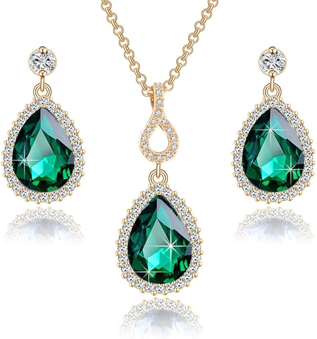 Austrian Crystals Teardrop Pendant Necklace Earrings for Women 14K Gold Plated Hypoallergenic Jewelry Set