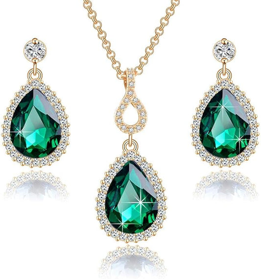 Austrian Crystals Teardrop Pendant Necklace Earrings for Women 14K Gold Plated Hypoallergenic Jewelry Set