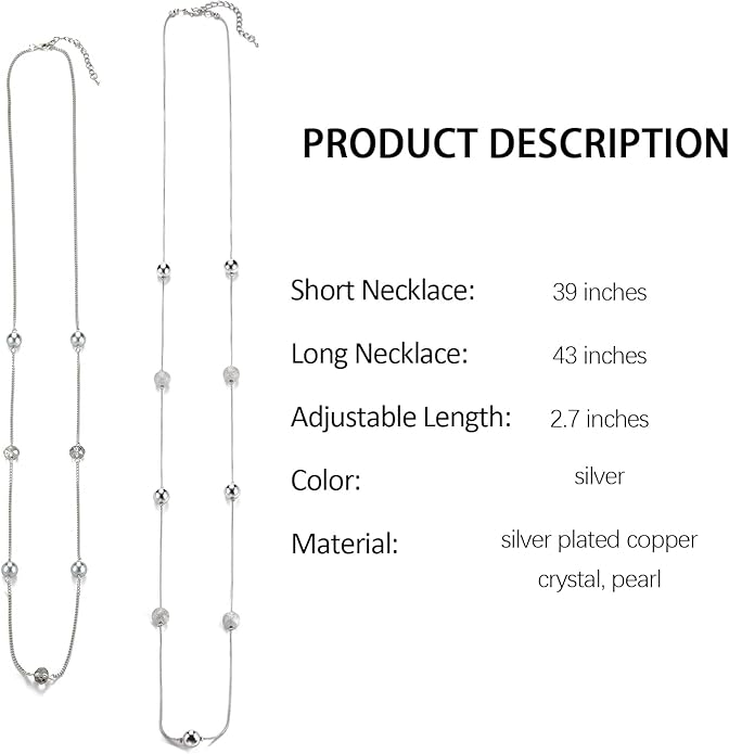 Silver Layered Long Necklace for Women Pearl Crystal Sweater Strand Chain Necklaces Fashion Gifts