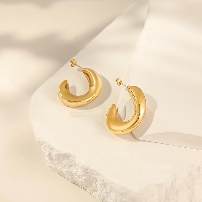 8YEARS Chunky Gold Hoop Earring for Women, 18K Gold Plated Lightweight Thick Hoops, Hypoallergenic Trendy Jewelry for Gift
