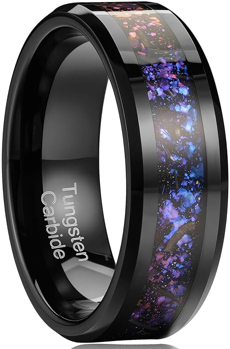 Men's 8mm Black/Gold Tungsten Carbide Wedding Ring Nebula Galaxy Wedding Promise Gold Foil Inlay Real Meteorite Matte Bevel Comfort Fit