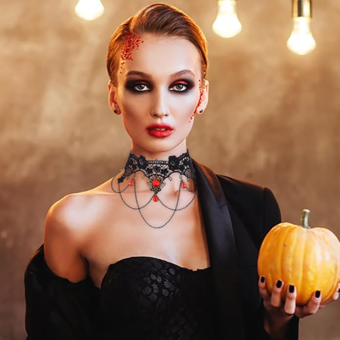 Gothic Black Choker Necklace Lace Collar Necklace Red Crystal Necklace Halloween Necklaces for Women