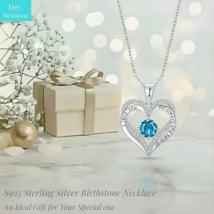 Birthstone Heart Necklace for Women Wife Girlfriend Mom Daughter Gifts S925 Silver Jewelry For Anniversary Rose Gold Gifts For Birthday Christmas Mothers Valentines Day