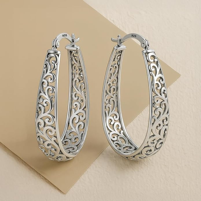 LeCalla 925 Sterling Silver Hoop Earrings for Women | Women's Filigree Hoop Earrings | Antique Oxidized Openwork Mesh Filigree Cut Earring Chunky Hoops | Hypoallergenic Vintage Filigree Oval Hoop Earrings for Women