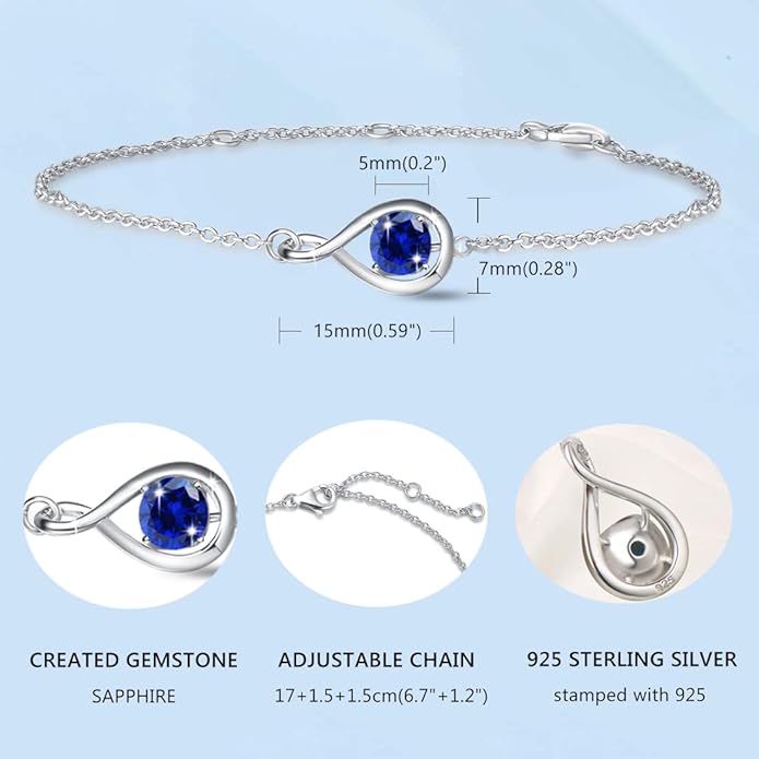 FANCIME Love Bracelet 925 Sterling Silver Infinity Birthstone Bracelets for Women Fine Jewelry Birthday Christmas Gifts for Her Mom Wife, Chain Length 6.7"+1.2" Extend