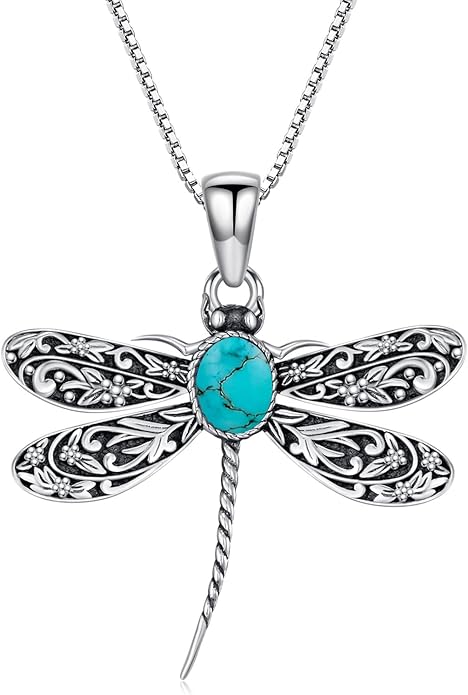 Vintage Dragonfly Necklace for Women 925 Sterling Silver, Oval Birthstone Dragonfly Pendant Boho Jewelry Birthday Gift for Her, Mom, Grandma