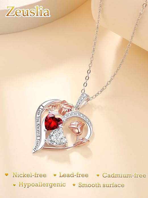 Zeuslia Double Birthstone Necklace Gifts for Wife - 925 Sterling Silver Sunflower/Rose/Crown Cross/Compass/Heart Pendant I Love You Necklace, Anniversary Birthday Gifts for Wife Girlfriend Mom Her