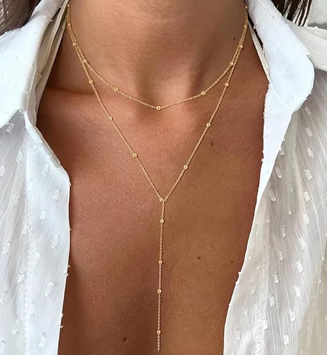 iF YOU Lariat Gold Long Necklaces for Women Trendy, Dainty 14K Gold Plated Drop Chain Necklace, Layered Rosary Beaded Y Necklaces Simple Fashion Jewelry Gifts