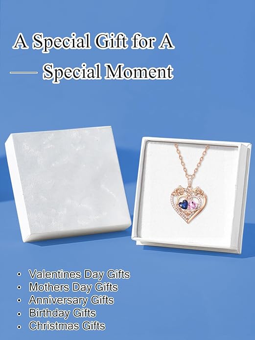 JIYVY32 Rose Heart Necklace for Women Exquisite 925 Sterling Silver Anniversary Birthday Gifts for Wife Mom Her Double Birthstone Pendant Jewelry