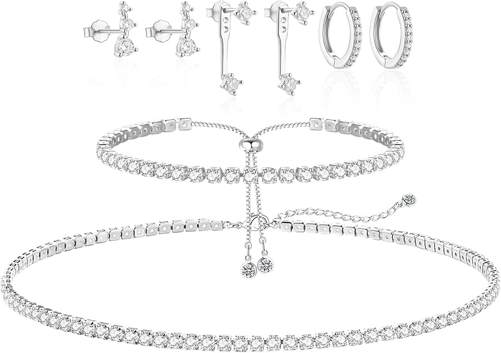 Tennis Necklace Bracelet for Women Silver Necklace Bracelet Earrings Jewelry Set for Women Party Prom Wedding Jewelry for Bride Bridesmaids Cubic Zirconia Tennis Choker Necklace Link Bracelet Stud Earrings Jewelry Set Accessories