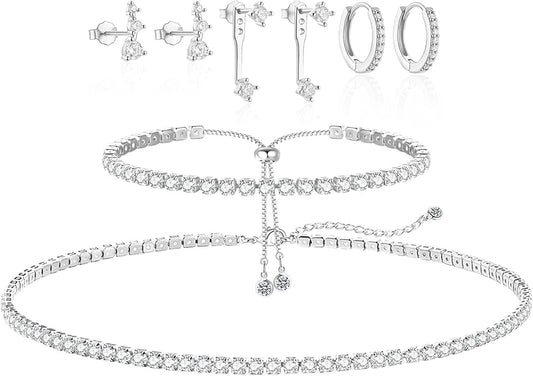 Tennis Necklace Bracelet for Women Silver Necklace Bracelet Earrings Jewelry Set for Women Party Prom Wedding Jewelry for Bride Bridesmaids Cubic Zirconia Tennis Choker Necklace Link Bracelet Stud Earrings Jewelry Set Accessories