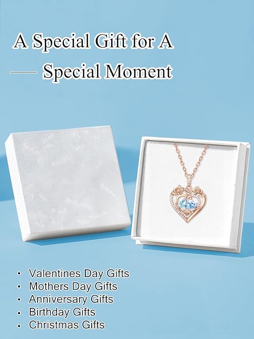 JIYVY32 Rose Heart Necklace for Women Exquisite 925 Sterling Silver Anniversary Birthday Gifts for Wife Mom Her Double Birthstone Pendant Jewelry