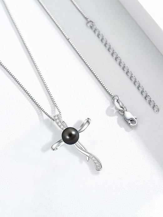 KANNSOAR Tahitian Black Pearl 18K White Gold Plated Sterling Silver Pendant Necklace for Wedding Birthday Anniversary Valentines Day Christmas Pearl Jewelry Gift for Women Wife Mom Lover Girlfriend