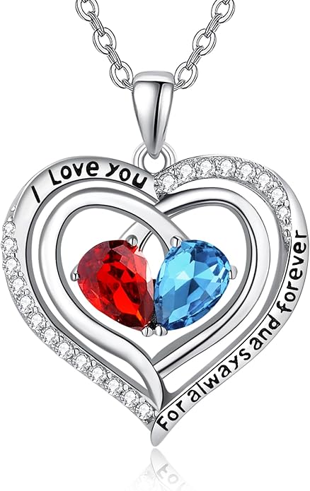 Zeuslia Double Birthstone Necklace Gifts for Wife - 925 Sterling Silver Sunflower/Rose/Crown Cross/Compass/Heart Pendant I Love You Necklace, Anniversary Birthday Gifts for Wife Girlfriend Mom Her