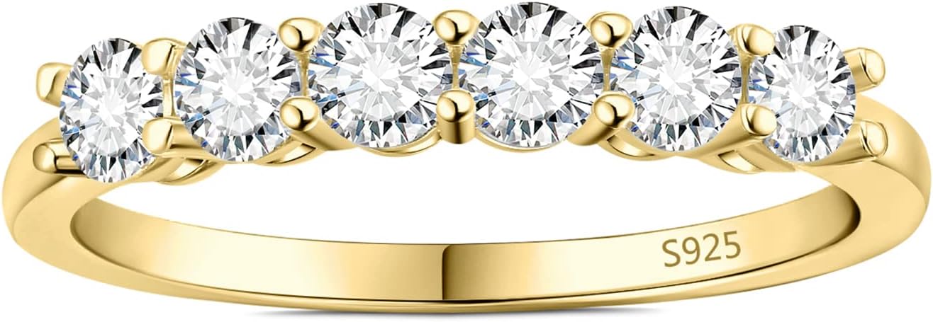 JewelryPalace 6 Stone Cubic Zirconia Half Eternity Stackable Wedding Rings for Women, 14K White Yellow Rose Gold Plated 925 Sterling Silver Promise Rings for Her, Simulated Diamond Wedding Band Ring