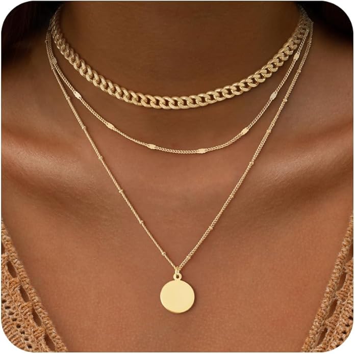 Layered Gold Silver Necklace for Women Non Tarnish,Dainty Choker Statement Chunky Necklace Stack Charm Pendant Chain Necklace Set 14K Gold Plated Long Stacked Womens Necklaces Trendy Jewelry Gift