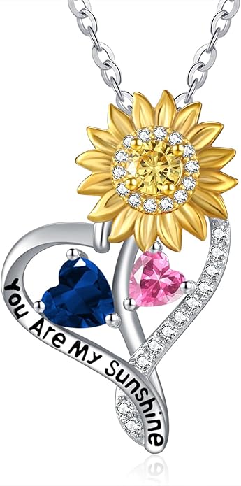Zeuslia Double Birthstone Necklace Gifts for Wife - 925 Sterling Silver Sunflower/Rose/Crown Cross/Compass/Heart Pendant I Love You Necklace, Anniversary Birthday Gifts for Wife Girlfriend Mom Her