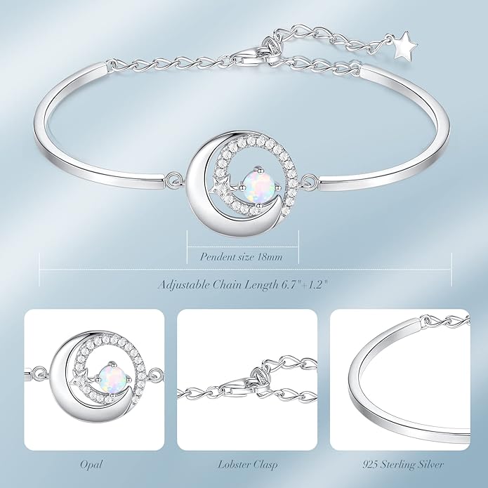FANCIME Birthstone Bracelets 925 Sterling Silver Moon and Star Bangle Charm Bracelet Fine Jewelry Birthday Anniversary Christmas Day Gift for Her Women, Adjustable Chain 6.7"+1.2" Extend