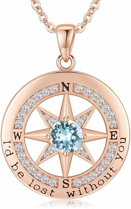 Compass Necklace for Women Wife Girlfriend Mom Daughter Gifts S925 Silver Jewelry For Anniversary Rose Gold Gifts For Birthday Christmas Mothers Valentines Day 12 Birthstones