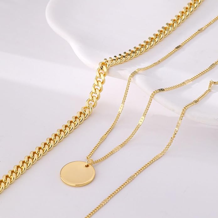 Layered Gold Silver Necklaces for Women, Stackable Stack 14K Real Gold Plated Silver Chain Necklace Diamond Circle CZ Layering Pendant Necklaces Trendy Gold Jewelry Set Gifts