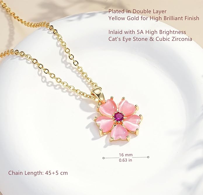VONSSY Elegant Cherry Blossom Necklace Earrings Pink Cats Eye Flower Flora Sakura Gemstone Crystal Pendant 18k Gold Plated Chain Jewelry Set Gift for Woman Wife Girlfriend