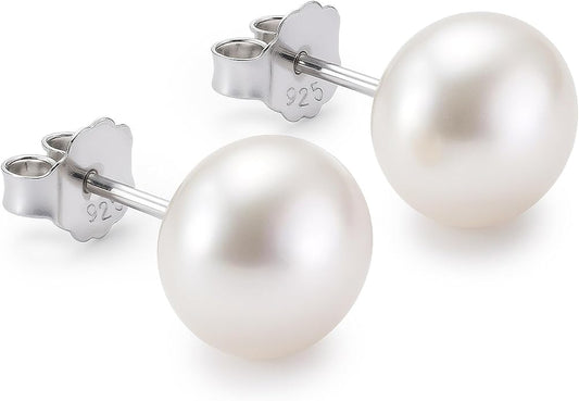 KEZEF Freshwater Pearl Stud Earrings for Women – AAA Quality Cultured Pearls on 925 Sterling Silver Post Rhodium or 14K Gold Plated, Sizes 6‑11 mm