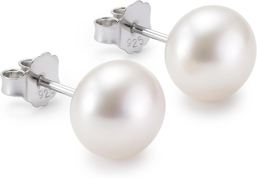 KEZEF Freshwater Pearl Stud Earrings for Women – AAA Quality Cultured Pearls on 925 Sterling Silver Post Rhodium or 14K Gold Plated, Sizes 6‑11 mm