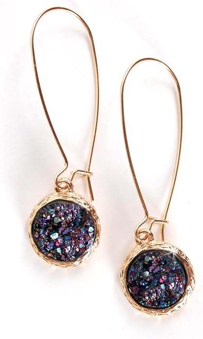 Simulated Druzy Threader Drop Earrings for Women - Gold, Silver, or Rose Gold Tone Trendy Boho Dangles with Sparkly Round Stone