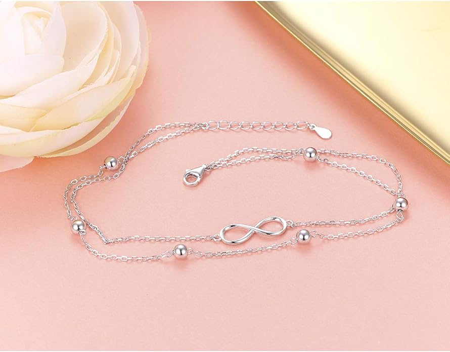 FLYOW Anklet for Women S925 Sterling Silver Adjustable Foot Beaded Heart Charm Ankle Bracelet Anklets Jewelry