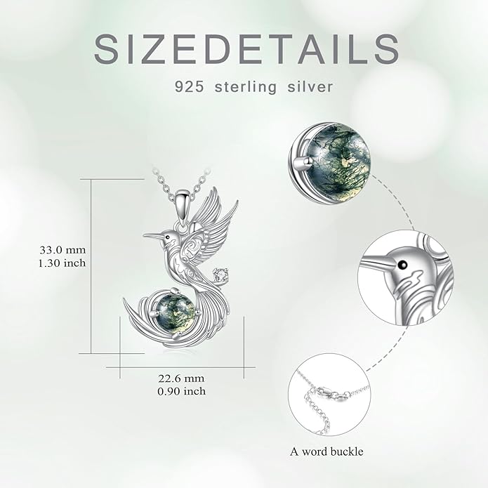 Hummingbird Necklace 925 Sterling Silver Dainty Natural Moss Agate Hummingbird Pendant Necklace Animal Jewelry Humming Bird Gifts for Women