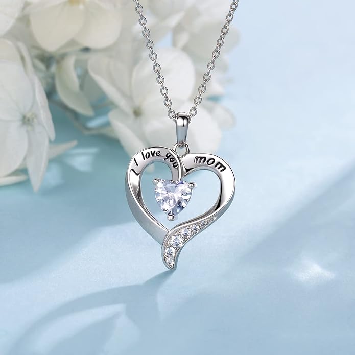 NINAMAID Mom Necklace 925 Sterling Silver Heart Necklaces for Women Engraved I Love You You Mom Gifts for Mom from Daughter
