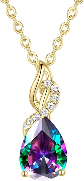 FANCIME 14K Solid Yellow Gold Teardrop Pendant with Diamond Birthstone Necklace Birthday Gifts for Mom Women, Sterling Silver Chain 16" + 2" Extender