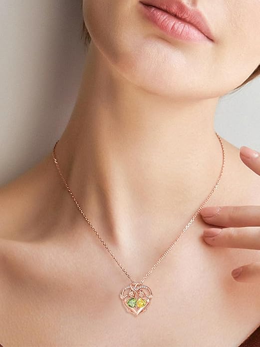 Rose Gold Necklaces for Women Double Birthstone Rose Flower Heart Pendant Necklace Jewelry Anniversary Christmas Valentine's Mother's Day Birthday Gift for Wife Mom Her Girlfriend Sister