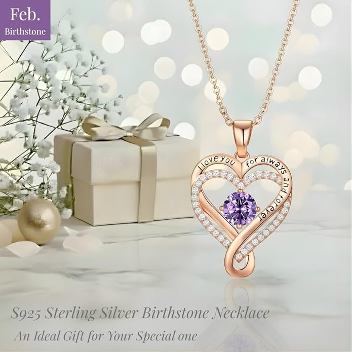 Birthstone Infinity Heart Necklace for Women Wife Girlfriend Mom Daughter Gifts S925 Silver Jewelry For Anniversary Rose Gold Gifts For Birthday Christmas Mothers Valentines Day