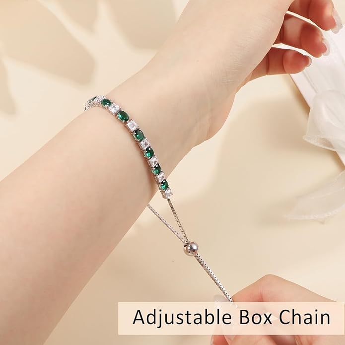 Sterling Silver Birthstone Bracelets for Women White Gold Tennis Bracelets Adjustable Chain 6-9 Inchs Jewelry Hypoallergenic Anniversary Birthday Gifts for Women Mom Wife Her