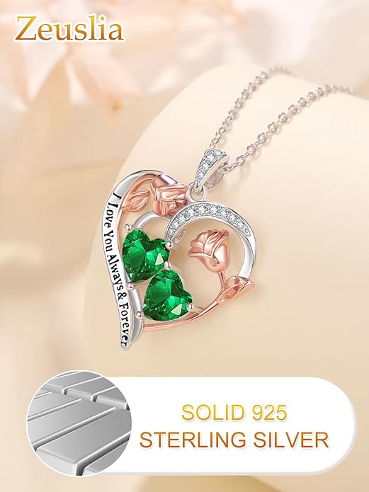 Zeuslia Double Birthstone Necklace Gifts for Wife - 925 Sterling Silver Sunflower/Rose/Crown Cross/Compass/Heart Pendant I Love You Necklace, Anniversary Birthday Gifts for Wife Girlfriend Mom Her
