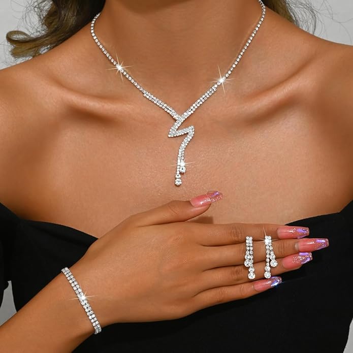 MIFYNN Rhinestone Wedding Set for Women Sparkle Crystal Earrings Necklace Bracelet Jewelry Set Wedding Party Prom Jewelry Set for Brides Bridesmaid