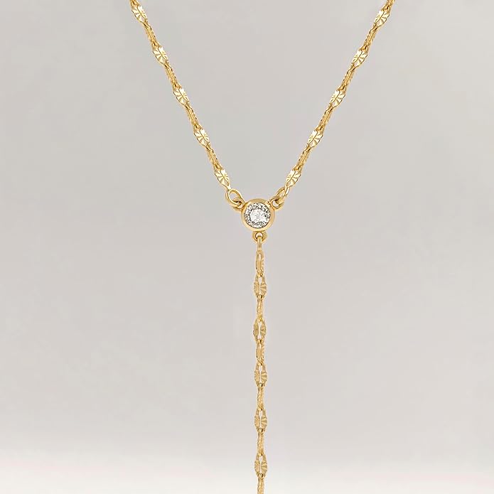 Zeffy Lariat Gold Necklace for Women, Dainty Long Necklace 14k Gold/Silver Plated Layered CZ Beaded Bar Chain Y-Shaped Body Chain Stack Drop Wedding Necklace Trendy Simple Gold Jewelry Gifts
