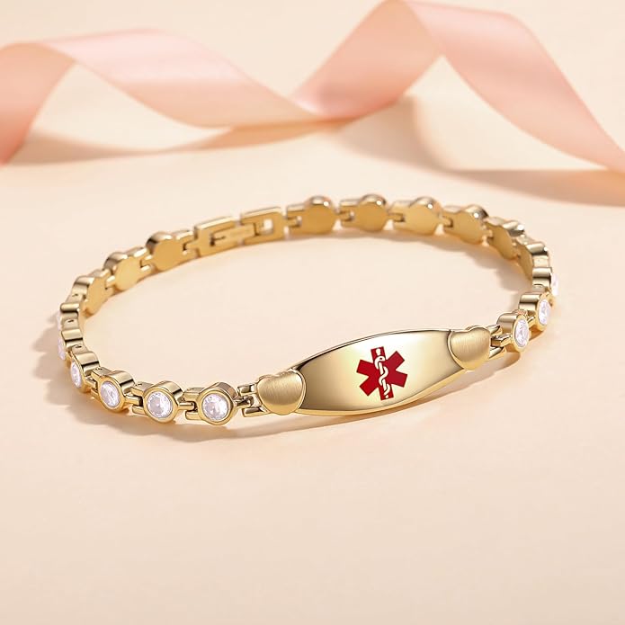 LinnaLove Fashion Shiny medical alert bracelet with Free Engraving Stainless steel Medical id bracelet for Women